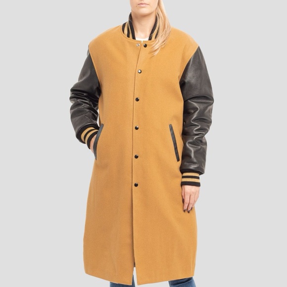 Camel Wool Body & Black Leather Sleeves Full-Snap Letterman Varsity Jacket - Picture 2 of 9